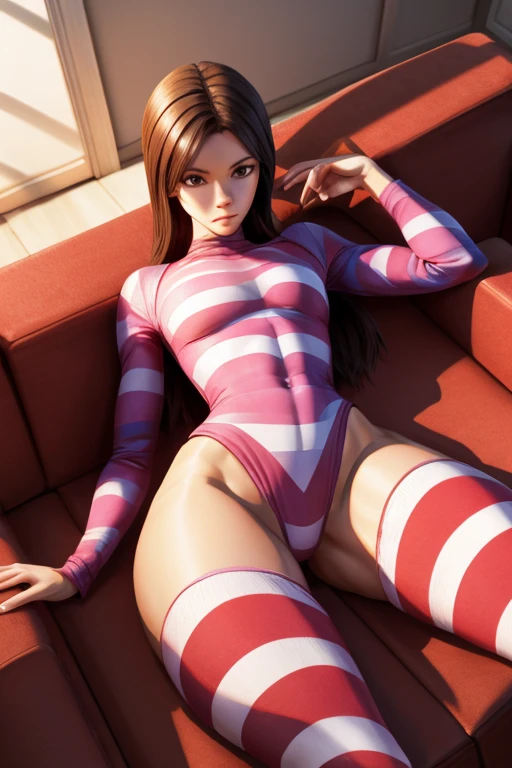 high angle, from behind, perspective distortion, long legs, thick thighs, thick, relaxing, sofa, striped thighhighs, head out of frame, slender, abs, trim waist, lean, high quality, high detail, photorealistic, full body, striped bodysuit