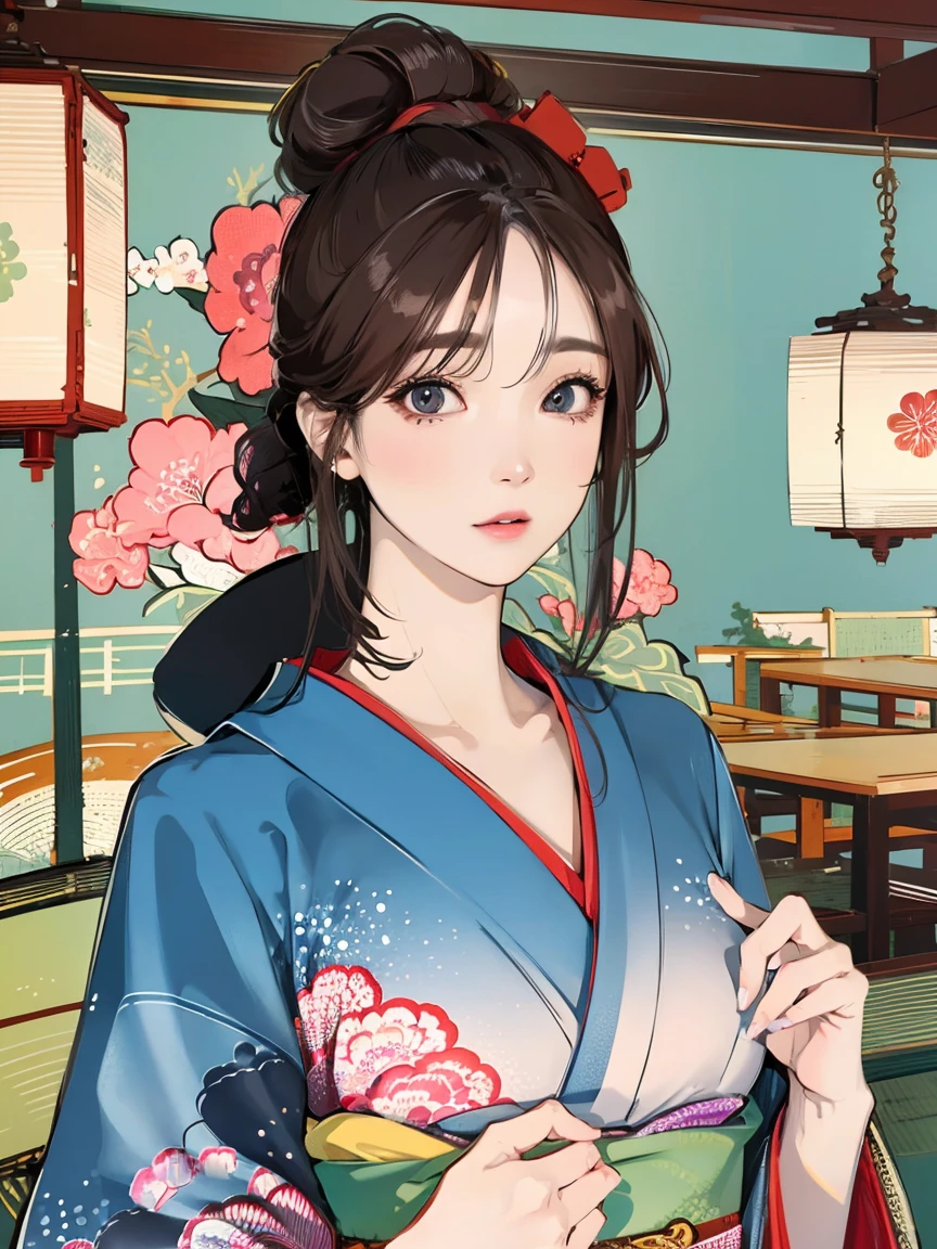 (Highest quality、 8k 、masterpiece、High resolution)、(whole body)、Vibrant colors、Brown-black bob、Traditional topknot、Ample breasts、(Highly detailed face and eyes,Beautiful Face,Beautiful Eyes,Beautiful nose,Pretty lips)、Official Art、Ukiyo-e style、 (Beautiful woman in kimono)、(Vivid floral patterned kimono)、background、river、bridge、Mountain、wood、Starry Sky、moon、plum、Lantern、