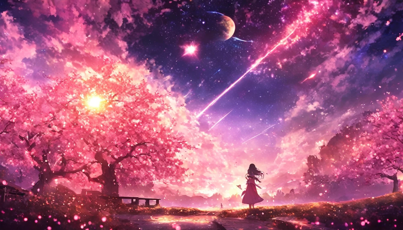 masterpiece, Concept Art, Panorama, in the center, shape, Wide Shot, garden, night, (meteor), Space galaxy background, (Great composition, Epic scale), Dynamic Lighting, Bright colors, cherry blossoms,1 girl,