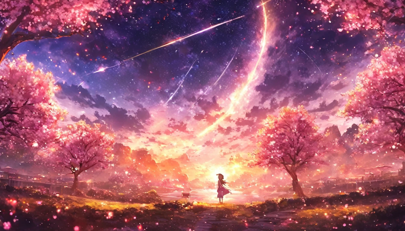 masterpiece, Concept Art, Panorama, in the center, shape, Wide Shot, garden, night, (meteor), Space galaxy background, (Great composition, Epic scale), Dynamic Lighting, Bright colors, cherry blossoms,1 girl,