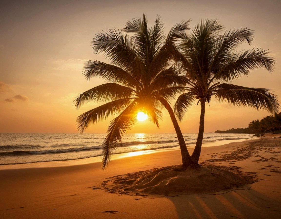 Make a WeChat avatane sand beach,Coconut Tree,The endless sea,The sun rising in the distance