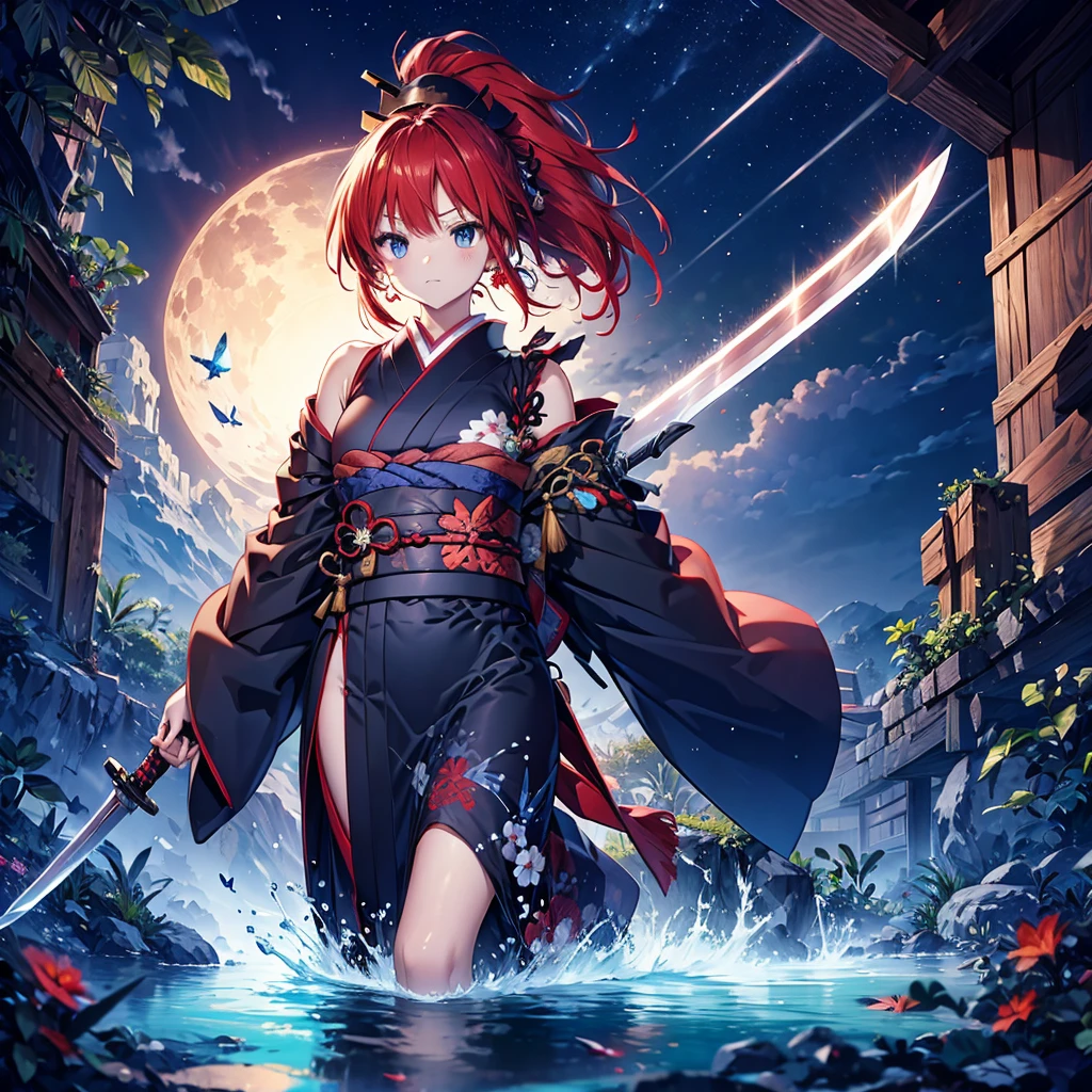 ((((Holding the Sword、Aikikiri 1 person)))) (((Redhead Long Hair、ponytail Black kimono、red band Goddess of victory))) ((Red butterfly night Japanese style Drop shoulder old)) (moon、star autumn) Shining Edges Shining Background