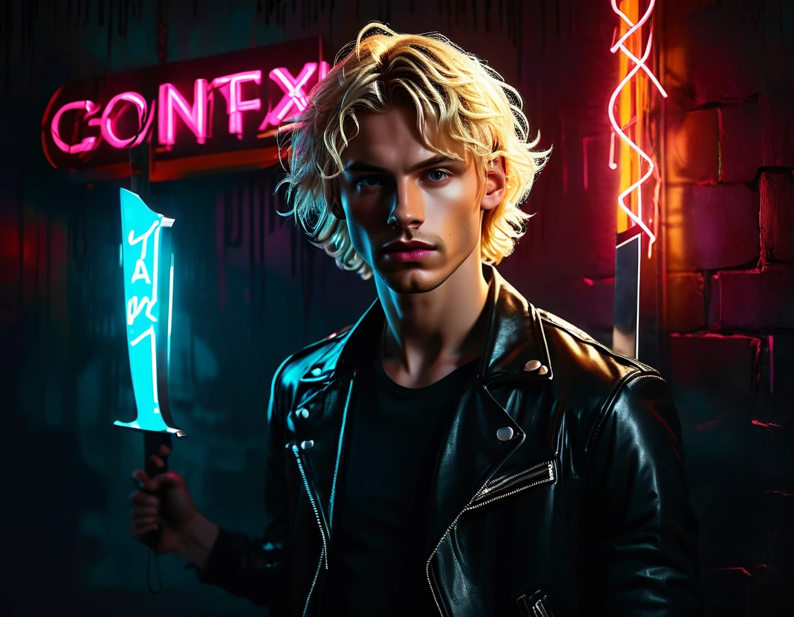 Photorealistic, dark vibes, solo, young man, facing camera, 22 years, pale skin, model (skinny:1.3), (short textured wavy fringe blond hair:1.5), (black leather jacket:1.3), holding knife, dark, lighting, foreboding, sexy, (neon sign that says:"CONTEXT":1.8), night club setting, BDSM background