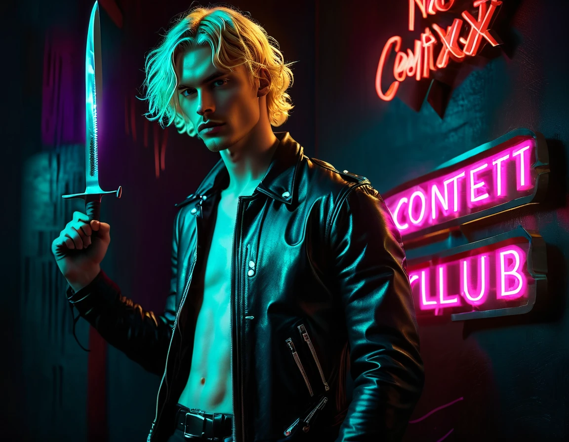 Photorealistic, dark vibes, solo, young man, facing camera, 22 years, pale skin, model (skinny:1.3), (short textured wavy fringe blond hair:1.5), (black leather jacket:1.3), holding knife, dark, lighting, foreboding, sexy, (neon sign that says:"CONTEXT":1.8), night club setting, BDSM background