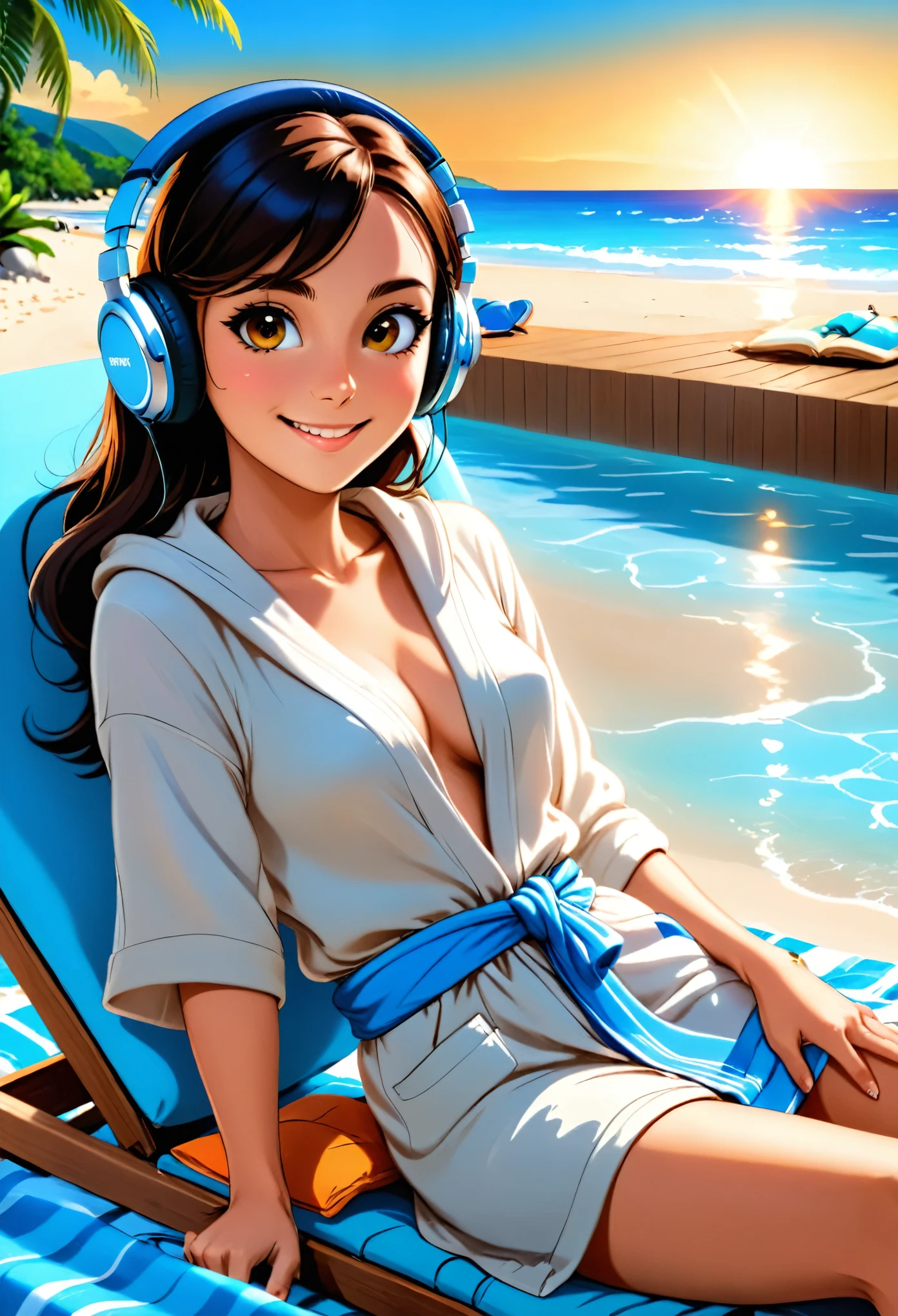 128k Bluray Extreme UHD 4K high quality image of anime At a beautiful summer resort, a woman is reclining on a sunbed. She is wearing headphones and listening to music, dressed in a Beach robes cardigan. She looks at me with a radiant smile