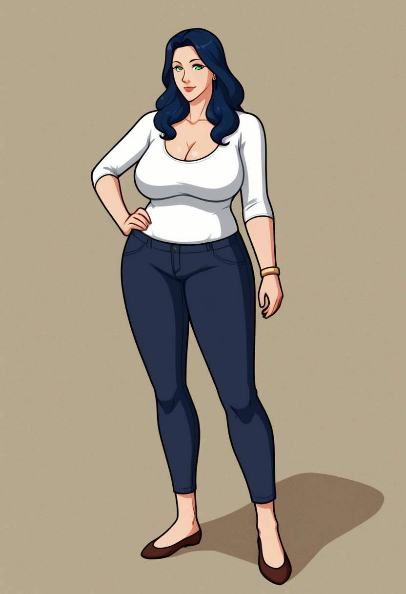 Girl with dark blue hair, green eyes,tall rectangular body figure, mature,casual clothing, full body view