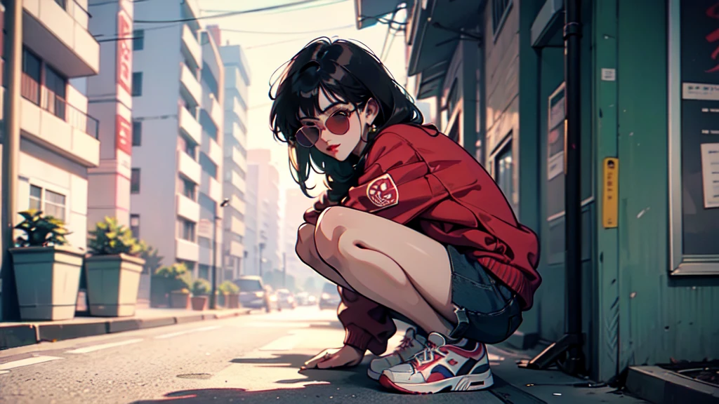 One beautiful woman、cool、Wearing sunglasses、Squatting on a street corner、Cool sneakers