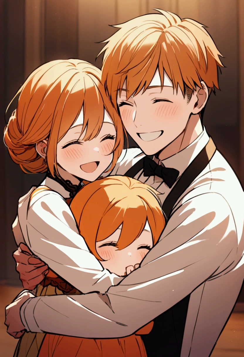 2 orange hair girls, 1 orange hair boy, hugging, family, happy, brothers