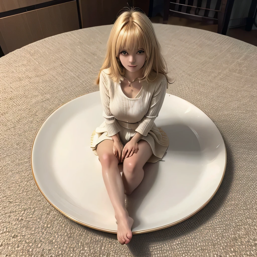 Woman with big blonde hair, short bangs, she is sitting on a plate ((she is inside the plate))