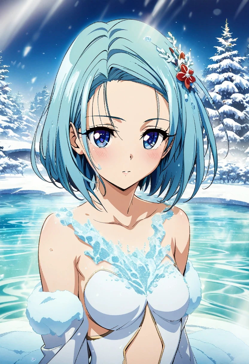 One girl, blue short hair, blue eyes, forehead visible, hair pin, cool color palette, winter landscape, ice princess, magical scene of freezing a pond for ice skating. Anime art style, masterpiece, best quality, absurdres, Detailed face, Beautiful and detailed eyes, Beautiful Face, Perfect body, Official Art, grand plix award illustration, Professional Lighting,Girl gracefully ice skating on the magically frozen pond, surrounded by a serene winter landscape. Ethereal and enchanting atmosphere.