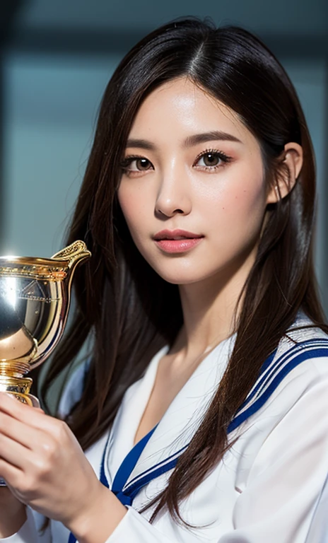 (high quality, masterpiece, 8k, (masterpiece, photorealistic:1.5), (masterpiece, ultra high resolution:1.5), (masterpiece, best quality, ultra-detailed:1.5), 1 beautiful lady, beautiful detailed eyes, beautiful detailed lips, extremely detailed face, long eyelashes, full body, kind smile, japanese sailor uniform cosplay, award ceremony, holding a trophy, intricate details, natural lighting, soft shadows, vibrant colors, peach personality, elegant pose, cinematic composition, highly detailed, award winning, stunning sophistiction, breathtaking bravery, flawless friendly feeling, cowboy_shot, everlasting_ethics) #BestComedian #Ciciai #BestAi #AsiaAiArtAwards #AAAA2025