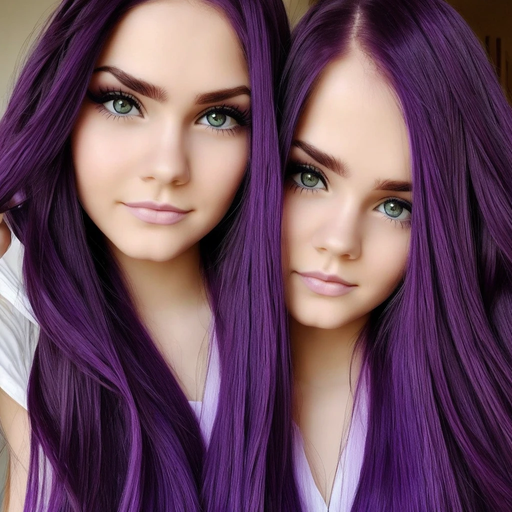 long purple hair with deep purple eyes. Cute look, and maid 