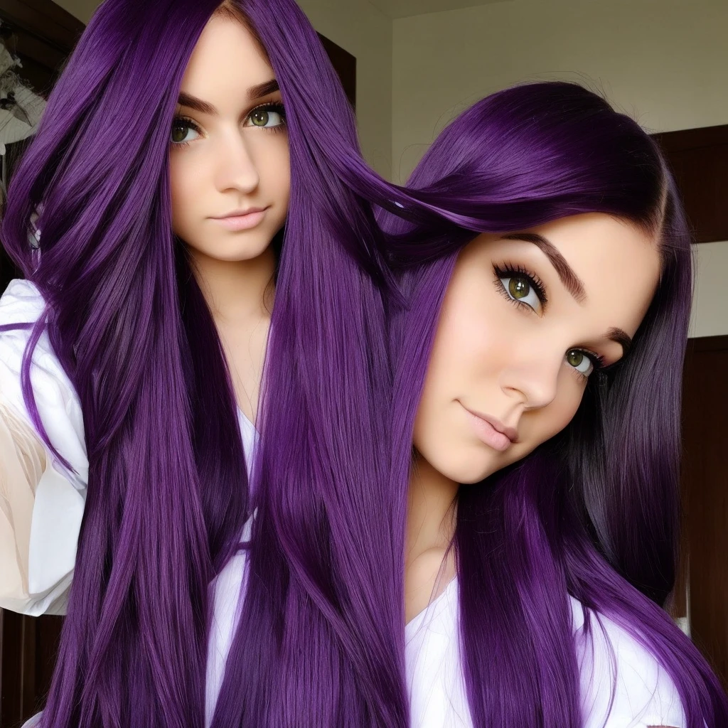 long purple hair with deep purple eyes. Cute look, and maid
