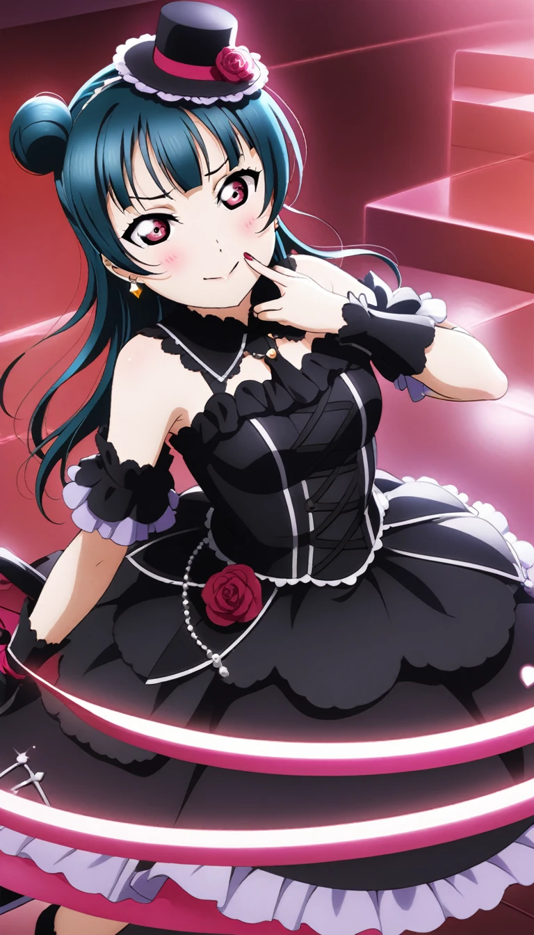 Create an illustration of Yoshiko Tsushima from Love Live! Sunshine. She has red eyes and (long blue hair )styled in a bun on the right side of her head. She is wearing a Gothic ta outfit. The scene is set in a dark, mystical underworld with a red glow. Yoshiko's left hand is making a peace sign close to her face. Her eyes are closed, and her hair appears to be flowing. A magical circle is beneath her，Highest quality, masterpiece