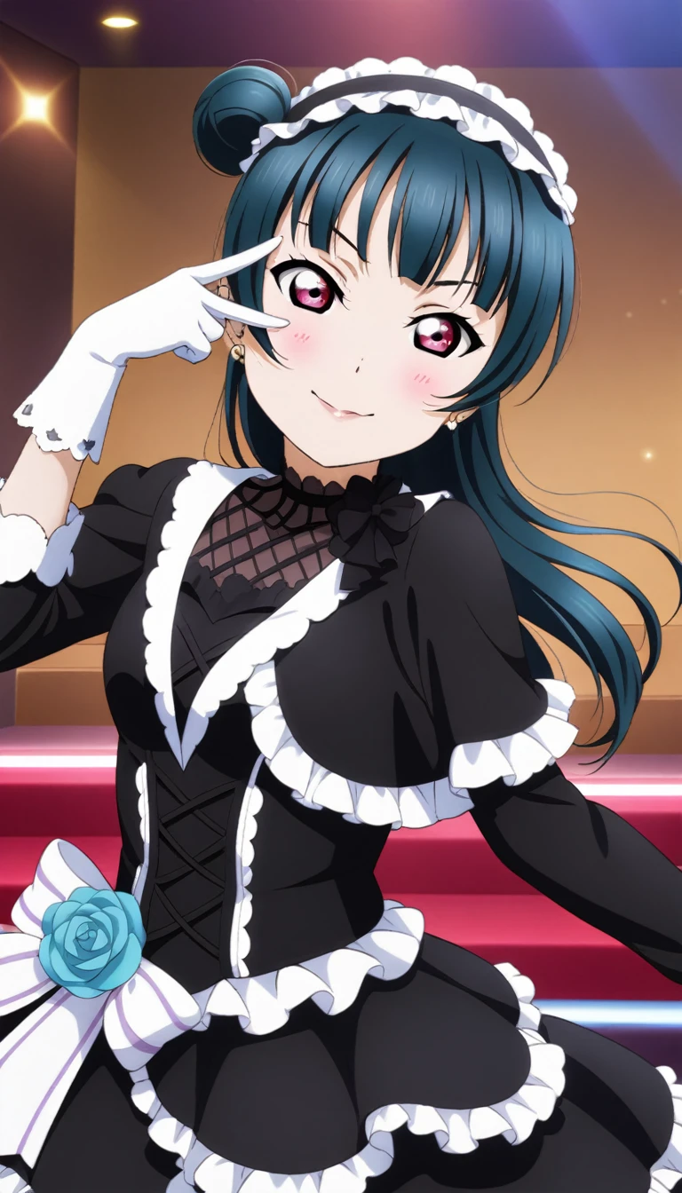 Create an illustration of Yoshiko Tsushima from Love Live! Sunshine. She has red eyes and (long blue hair )styled in a bun on the right side of her head. She is wearing a Gothic ****ta outfit. The scene is set in a dark, mystical underworld with a red glow. Yoshiko's left hand is making a peace sign close to her face. Her eyes are closed, and her hair appears to be flowing. A magical circle is beneath her，Highest quality, masterpiece