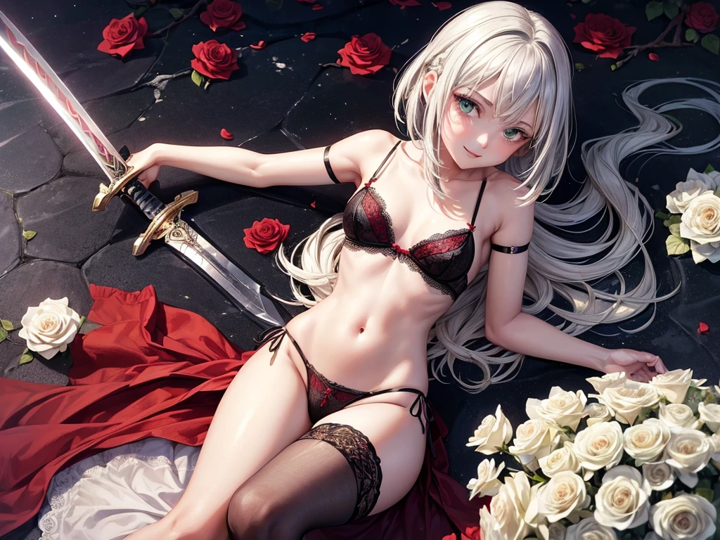 (((depict young girll))), (((top-quality, masterpiece))), 4k, HD, (silver hair, bob cut, one braid), ((red rose in hair)), green eyes, (((sofisticate lingerie))), ((lace lingerie details)), black and red lingerie, many white ribbons, maid, lovely, smile, happy, warm, ((small breasts)), nice hips, (Masterpiece, Excellent, complex details), delicate girl, delicate face, ((big 2 handed sword)), ((claymore sword))