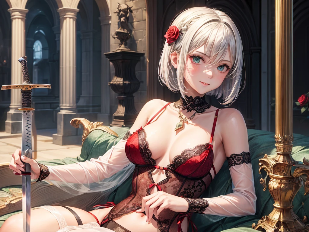 (((depict young girll))), (((top-quality, masterpiece))), 4k, HD, (silver hair, bob cut, one braid), ((red rose in hair)), green eyes, (((sofisticate lingerie))), ((lace lingerie details)), black and red lingerie, many white ribbons, maid, lovely, smile, happy, warm, ((small breasts)), nice hips, (Masterpiece, Excellent, complex details), delicate girl, delicate face, ((big 2 handed sword)), ((claymore sword))