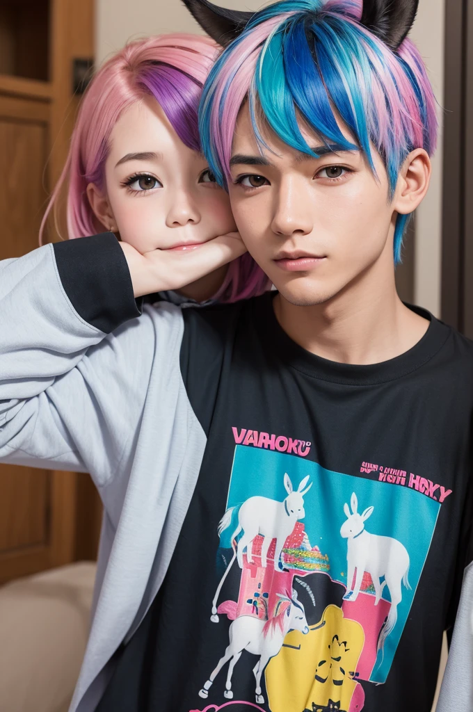 I want a boy with colorful hair and a donkey print shirt