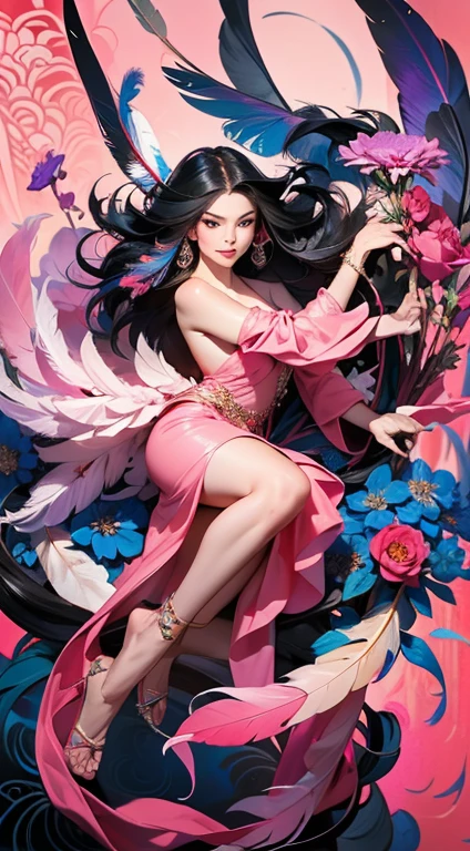 erjie, girl in a fluid and dynamic pose, wearing a loose, flowing pink dress, mysterious expression, curly black and pink hair, [Zhang Ziyi|Aishwarya Rai], in a modern and abstract setting, with bold and colorful abstract art, blurred background, bright lighting, official art, unity 8k wallpaper, (zentangle, mandala, tangle, entangle), intricate clothes,zhongfenghua (full body,from everywhere,masterpiece, top quality, best quality, official art, beautiful and aesthetic:1.2), extremely detailed,(fractal art:1.1),(colorful:1.1)(flowers:1.3),highest detailed,(zentangle:1.2), (dynamic pose), (abstract background:1.3), (shiny skin), (many colors:1.4), (feathers:1.5), dynamic angle, the most beautiful form of chaos, elegant, a brutalist designed, vivid colours, romanticism,