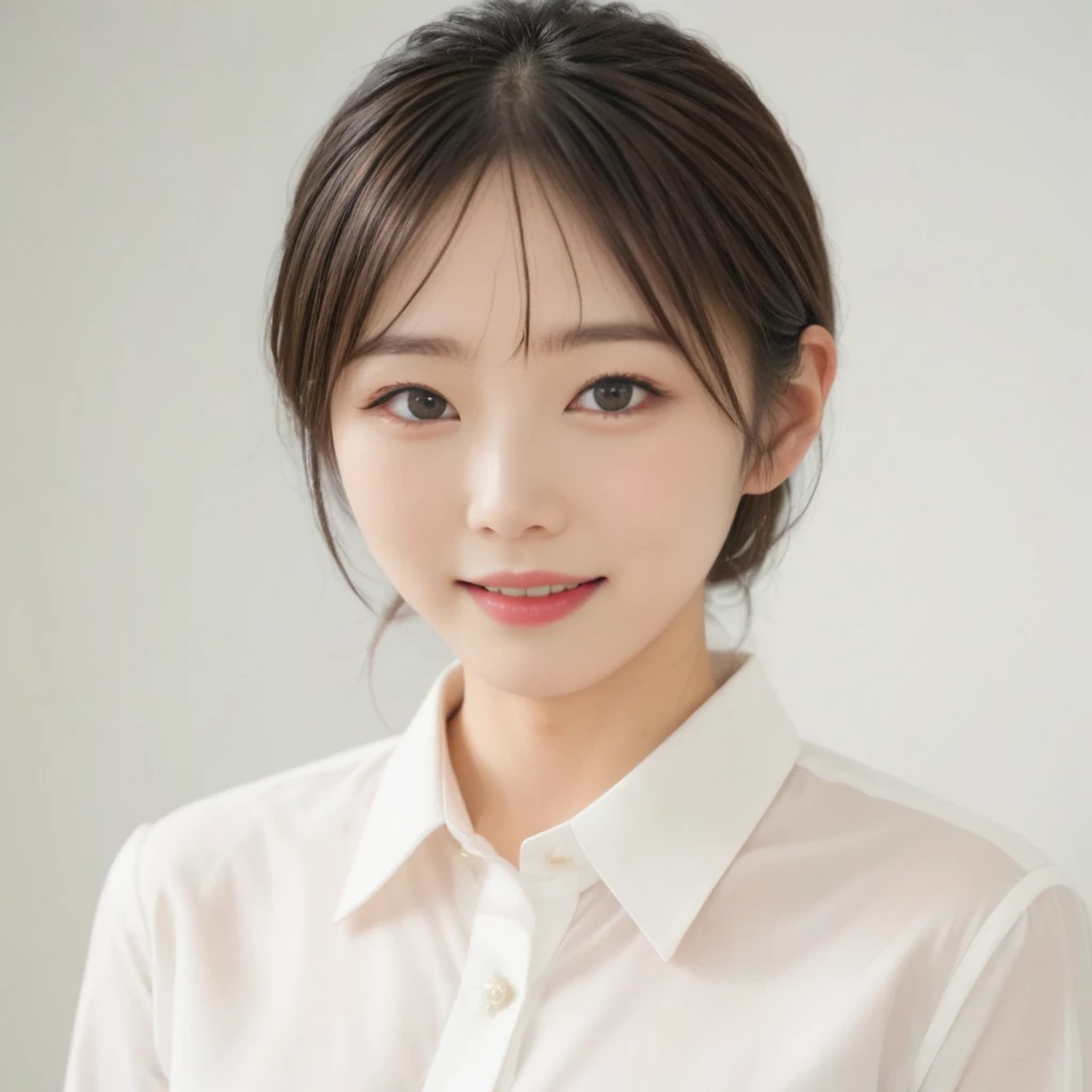 Japanese Actress, Age 25,(((masterpiece:1.8))),(Tabletop,Highest quality,32K,8k,Extremely fine and exquisite detail,The most complex and detailed textures,Ultra-high resolution), (A shy smile), Realistic skin texture, (A lightweight white button-up shirt), Office Suits, Simple white background,White wall