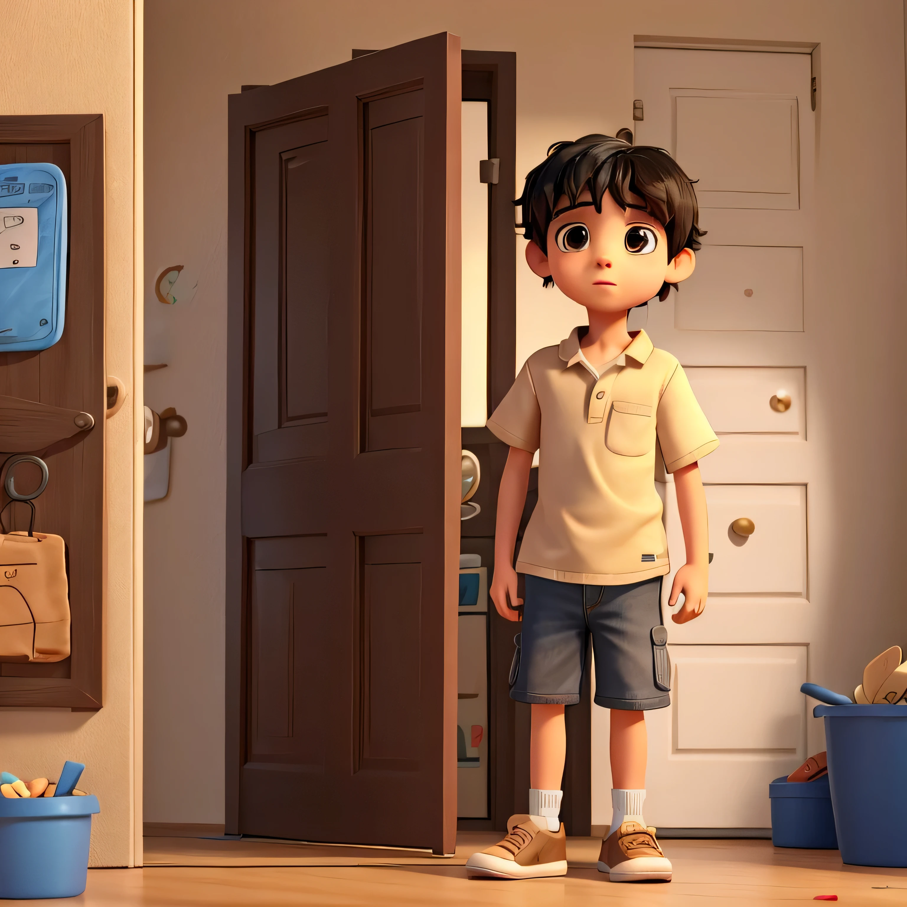 Describe a 7-year-old autistic boy, with just the head appearing between the door, watching outside with the door between open. He's alone in the scene. He has messy black hair and brown eyes . He is wearing a light beige shirt, comfortable denim shorts and worn sneakers. . The beige walls