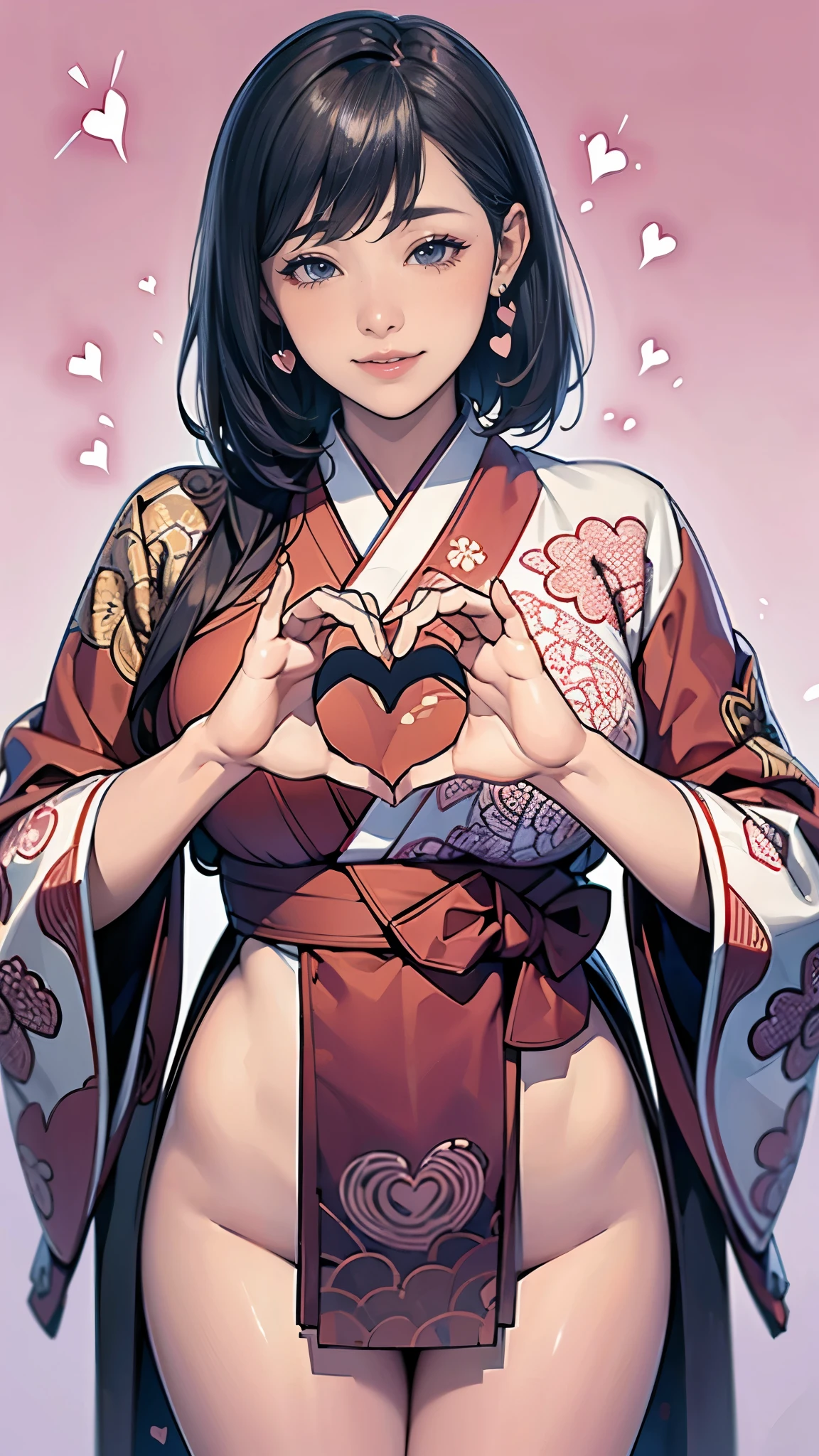 (masterpiece:1.2, Highest quality,High resolution,Very detailed),8k,wallpaper,1 female,(((Ray Tracing))),1 girl,A woman is standing,Thick thighs,front,look at me,((smile)),Beautiful kimono,Obscene loincloth,(((Intricate designs and patterns inspired by Asian art))),(((Beautiful female hands,Detailed hands))),(((Heart Hands:1.5))),(((Intricate designs and patterns inspired by Asian art)))