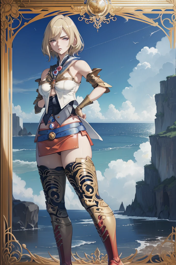 (the golden ratio,masutepiece, of the highest quality, Best Quality, Beautiful and aesthetic:1.2), ighly detailed, Colorful,highest details, (Adults,age19,1girl in, Solo, Final Fantasy 12,Ashelia, shorth hair, short-hair,Ashelia Costume, Colossal , a miniskirt,thigh high boots, thighs thighs thighs thighs, jewely,Contemptuous look,Eyes like looking at garbage, her hand lifts her skirt.,Show me your panties,trying to trample you