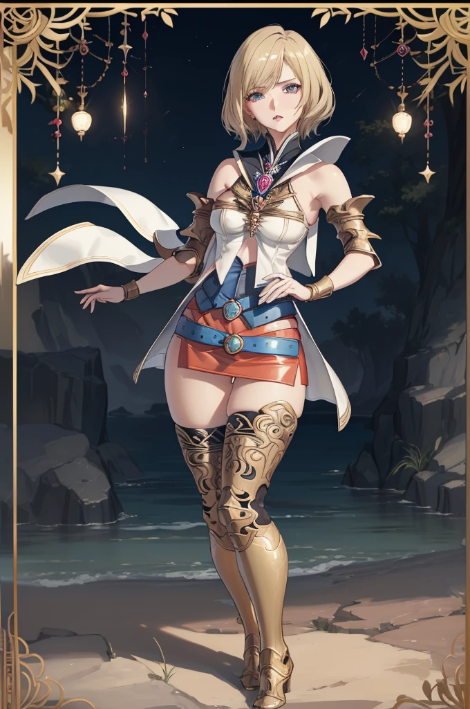 (the golden ratio,masutepiece, of the highest quality, Best Quality, Beautiful and aesthetic:1.2), ighly detailed, Colorful,highest details, (Adults,19,1girl in, Solo, Final Fantasy 12,Ashelia, shorth hair, short-hair,Ashelia Costume, Colossal , a miniskirt,thigh high boots, thighs thighs thighs thighs, jewely,Contemptuous look,Eyes like looking at garbage, her hand lifts her skirt.,Show me your panties,trying to trample you