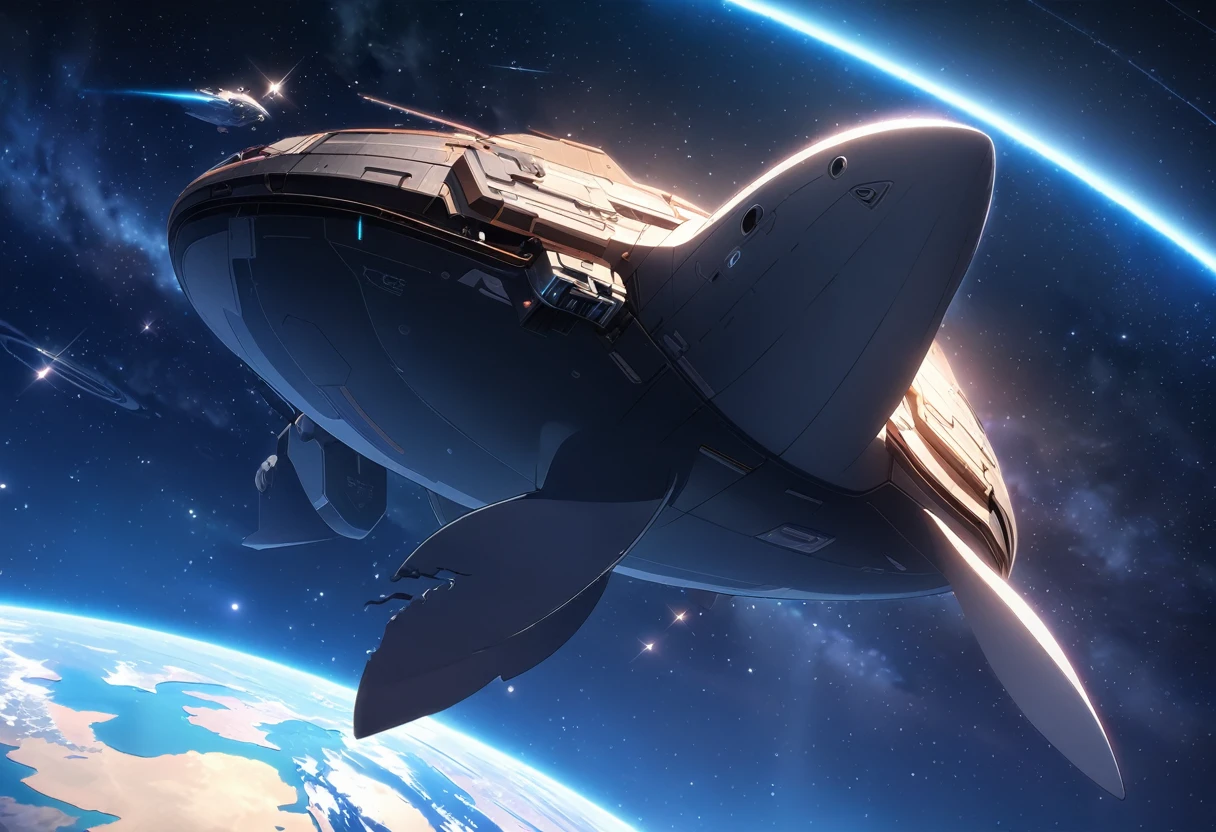 ((Masterpiece, top quality, high resolution)), ((highly detailed CG unified 8K wallpaper)), A huge whale is swimming in space, this whale is flying away from its home planet to a new planet,