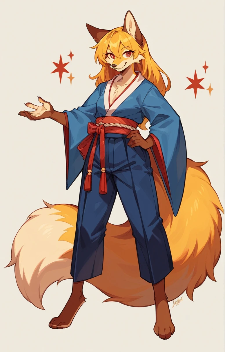 (full body,,The left hand is on the hip),((The right hand is out in front,Fluffy tail,,)),small breasts,Adult female fox,One Girl, Furry, Golden fur, Golden facial fur, long golden hair, The hair on his hands is golden, Golden yellow hair on the back of the hand, Light-filled eyes, Red eyes, Brown elements of fur,(Dark blue kimono,Dark blue hakama),Very fine fur, Fluffy tail,Smiling mouth