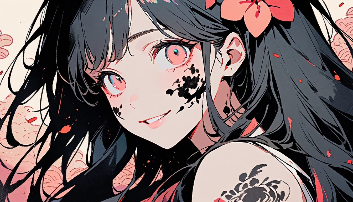 ((Ink Painting)), (((1 girl))), (((Tattoo on face))), (((Gorgeous hair accessories))), Japanese style headphones, face close-up, Japanese beautiful girl, Black Hair, Put your hands on your face, smile, devil, Droopy eyes, pastel color