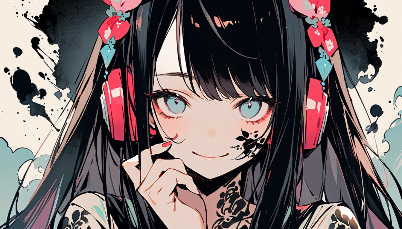 ((Ink Painting)), (((1 girl))), (((Tattoo on face))), (((Gorgeous hair accessories))), Japanese style headphones, face close-up, Japanese beautiful girl, Black Hair, Put your hands on your face, smile, devil, Droopy eyes, pastel color