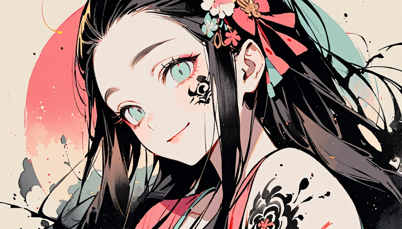 ((Ink Painting)), (((1 girl))), (((Tattoo on face))), (((Gorgeous hair accessories))), Japanese style headphones, face close-up, Japanese beautiful girl, Black Hair, Put your hands on your face, smile, devil, Droopy eyes, pastel color