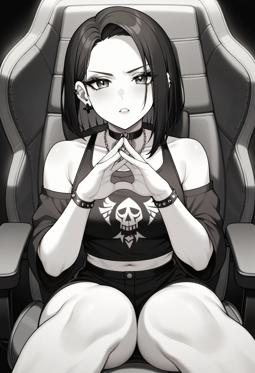 Adult, Female, Black hair, goth girl, gothic aesthetic, goth clothing, goth make up, thick thighs, medium chest, annoyed, disgruntled, sitting in gaming chair, gt racing chair, black and white chair, bedroom, gothic bedroom, aesthetic bedroom, Masterpiece, Accurate, Anatomically Correct, Best Quality, High Details, Detail, Super Detailed, Best detail, Perfect detail, Amazing detail, [-3, 3], perfect hands, best hands, best fingers, perfect fingers, perfect body, best body, amazing body, Looking at viewer, front facing, upper body shot,