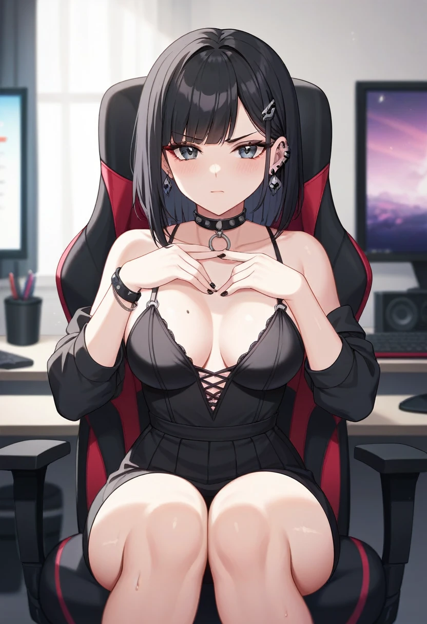 Adult, Female, Black hair, goth girl, gothic aesthetic, goth clothing, goth make up, thick thighs, medium chest, annoyed, disgruntled, sitting in gaming chair, gt racing chair, black and white chair, bedroom, gothic bedroom, aesthetic bedroom, Masterpiece, Accurate, Anatomically Correct, Best Quality, High Details, Detail, Super Detailed, Best detail, Perfect detail, Amazing detail, [-3, 3], perfect hands, best hands, best fingers, perfect fingers, perfect body, best body, amazing body, Looking at viewer, front facing, upper body shot,