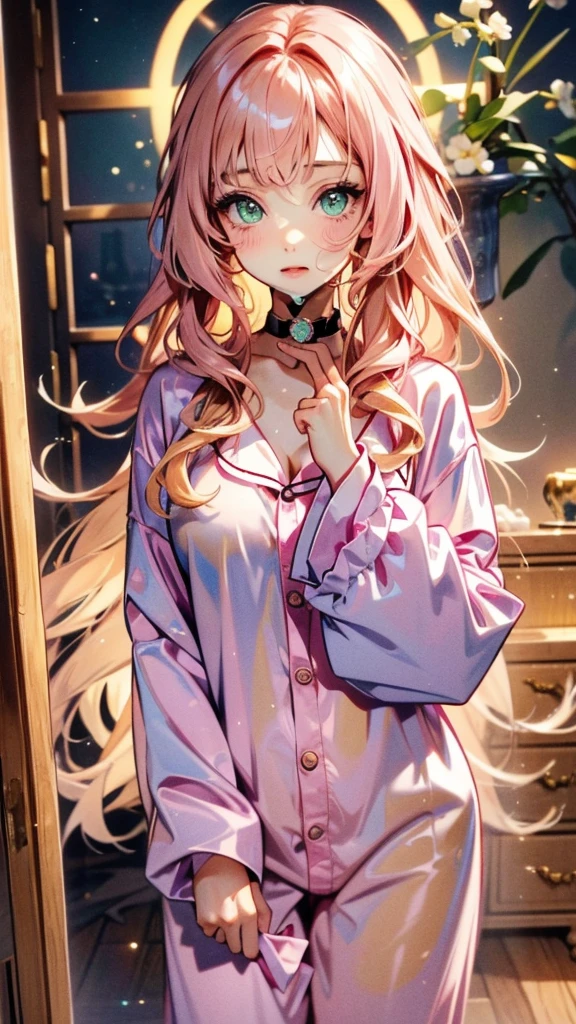 adult woman, Age 22; long hair, pretty and pink, curly hair; light yellow eyes, angelic and beautiful face with flushed cheeks, rosto ultra detaild; (wearing cute green colored kigurumi pajamas, wearing a choker); best qualityer, ultra detaild, best resolution, 4K, soft strokes, role model, work of art, closes; dimly lit room in the background