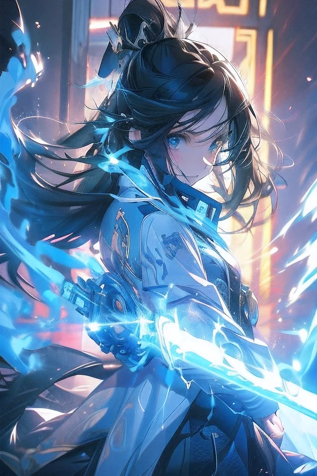 anime girl with black,blue and white hairs and blue eyes wearing a blue jacket, an anime drawing by Kamagurka, pixiv, auto-destructive art, anime visual of a cute girl, anime moe artstyle, anime style 4 k, detailed digital anime art, clean detailed anime art, cute anime girl, splash art anime , , anime style. 8k
