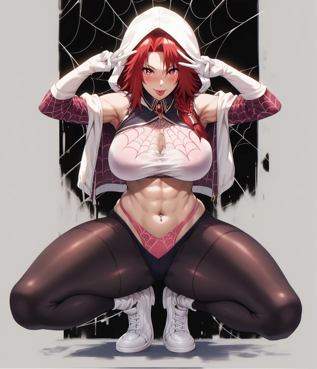 (asura art style:0.7), (hero neisan art style:0.7), score_9, score_8_up, score_7_up, score_6_up, Iris Midgar, red hair, long hair, braid, red eyes, BREAK (masterpiece:1.2), best quality, high resolution, (detailed eyes:1.3), perfect lighting, (perfect hands, perfect anatomy), large breasts, 1girl, breasts, tongue out, tongue, solo, hood, navel, squatting, piercing, large breasts, navel piercing, looking at viewer, pink panties, spider web print, panties, abs, underwear, smile, armpits, gloves, toned, full body, adapted costume, v-sign, blush, white footwear, white hood, tiptoes, jacket, spread legs, bokeh, city, street, shimmering light effect, glow effect, 