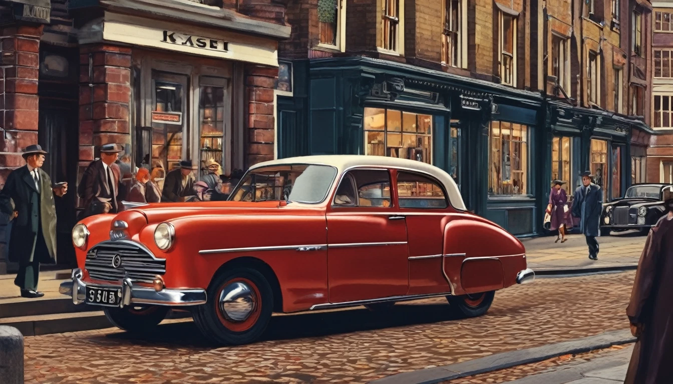 Good old days in london, 1950s, Ikasu cars, 5 cars, illustrations, 4K images, best quality, 8k images, masterpiece, dark, drill beats.
