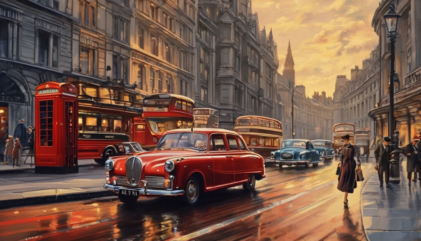 Good old days in london, 1950s, Ikasu cars, 5 cars, illustrations, 4K images, best quality, 8k images, masterpiece, dark, drill beats.