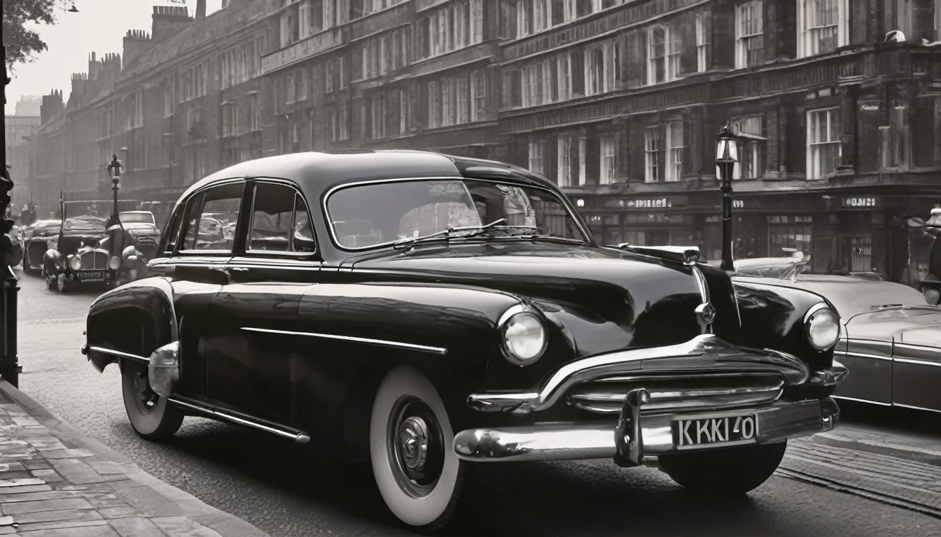 Good old days in london, 1950s, Ikasu cars, 5 cars, illustrations, 4K images, best quality, 8k images, masterpiece, dark, drill beats.