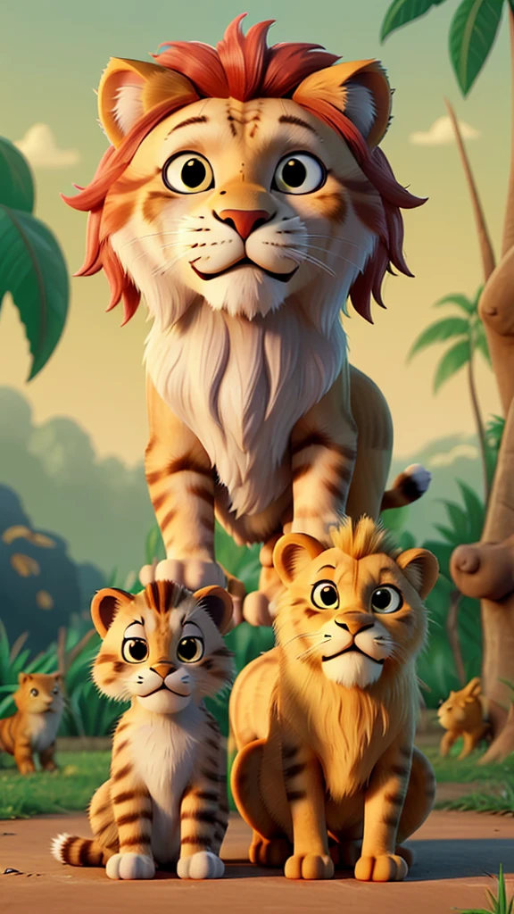 Create an image where the cat and the lion stand side by side on the ground, both with a look of mutual respect. They are surrounded by the jungle, and their body language shows acceptance and friendship.