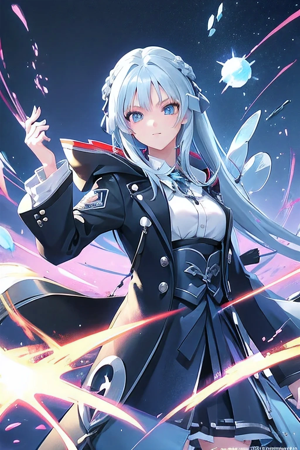 anime girl with black,blue and white hairs and blue eyes wearing a blue jacket, an anime drawing by Kamagurka, pixiv, auto-destructive art, anime visual of a cute girl, anime moe artstyle, anime style 4 k, detailed digital anime art, clean detailed anime art, cute anime girl, splash art anime , , anime style. 8k