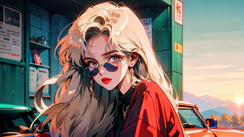 One beautiful woman、cool、Wearing sunglasses、Squatting on a street corner、