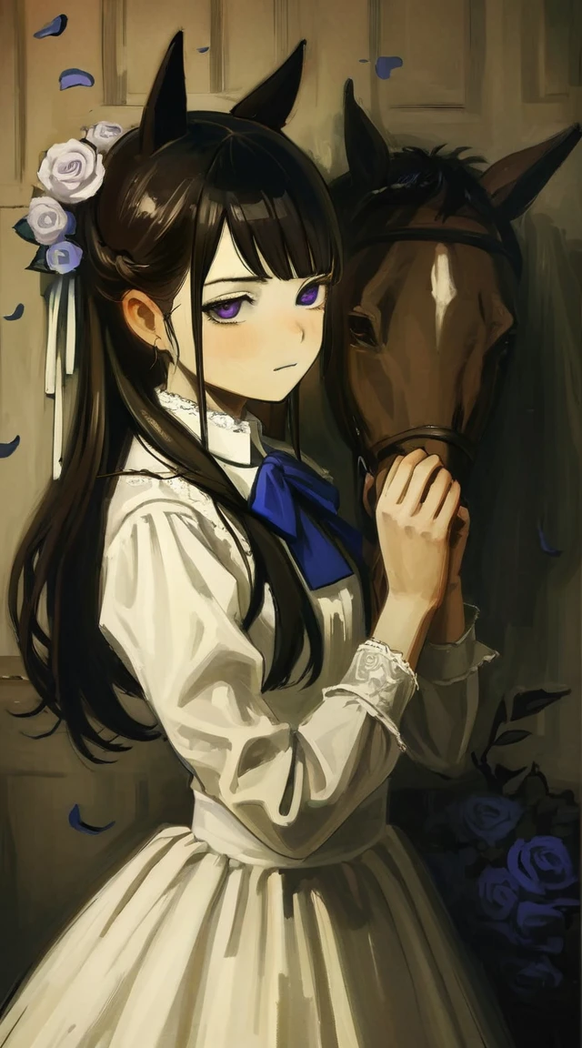 best quality, aesthetic, detailed, by iwzry, by solipsist, 1girl, young girl, rice shower, brown hair, hair over one eye, long hair, horse ears, horse tail, purple eyes, squiggle, black rose, blue bow, blue ribbon, blue rose, purple rose, rose petals
BREAK
wedding dress, (dark room), dramatic lighting, shadow dim light 