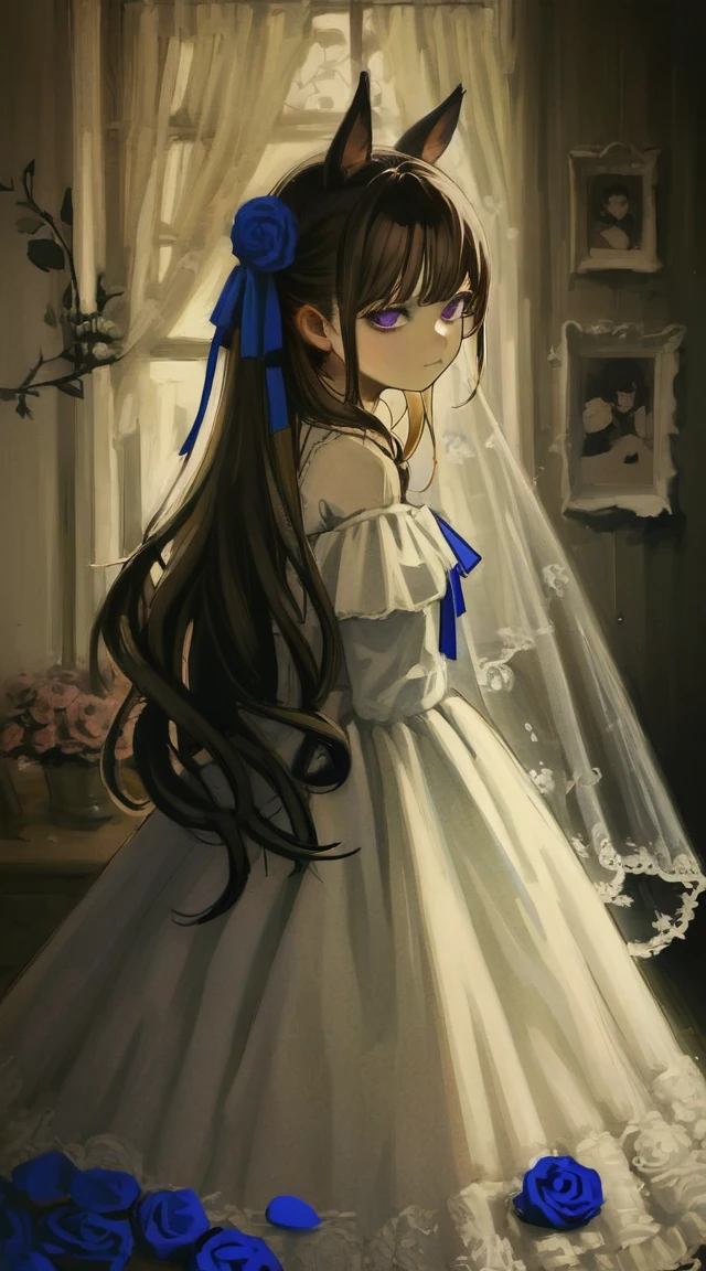 best quality, aesthetic, detailed, by iwzry, by solipsist, 1girl, young girl, rice shower, brown hair, hair over one eye, long hair, horse ears, horse tail, purple eyes, squiggle, black rose, blue bow, blue ribbon, blue rose, purple rose, rose petals
BREAK
wedding dress, (dark room), dramatic lighting, shadow dim light