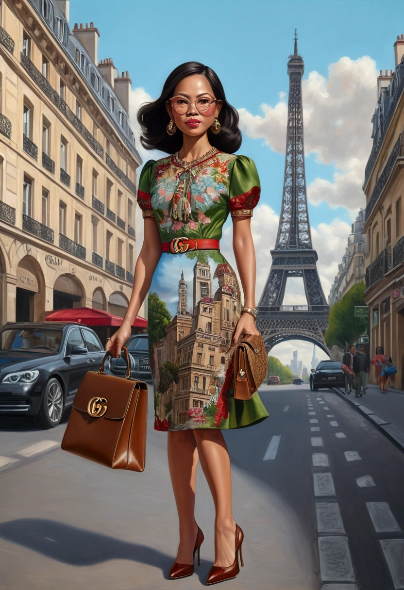 realistic 4D caricature with a big head of an Indonesian woman wearing a dress,high heels,walking carrying a bag with a well-known brand "Gucci" with the background of the city of Paris,UHD,16k ,Oil painting,Sharp focus