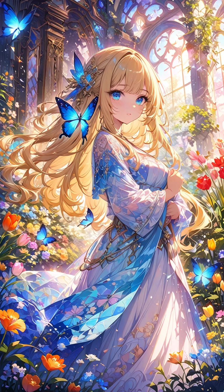 (Best Quality, High Quality, High Resolution, Digital Art, Beautiful and Aesthetic:1.2), 1 Beautiful girl with vivid blue eyes and flowing blond hair, wearing a flowing robe, standing in a lush garden, surrounded by Surrounded by bright flowers and butterflies. The girl's features are very detailed, with delicate eyelashes, perfectly contoured lips, and a calm expression on her face. The garden is filled with a variety of colorful flowers, from delicate Roses to bright tulips, creating a visually stunning scene. The atmosphere is filled with wonder and serenity. The artwork was created using fractal art techniques, forming intricate patterns and mesmerizing details that enhance the overall beauty of the image. The colors used are bright and vivid , a harmonious blend of warm and cool tones. The lighting within the scene is soft and diffuse, casting a soft glow on the girl and the garden, adding a touch of magic to the artwork. This masterpiece is a celebration of beauty, nature, and artistry, capturing the surreal and the essence of captivating moments.