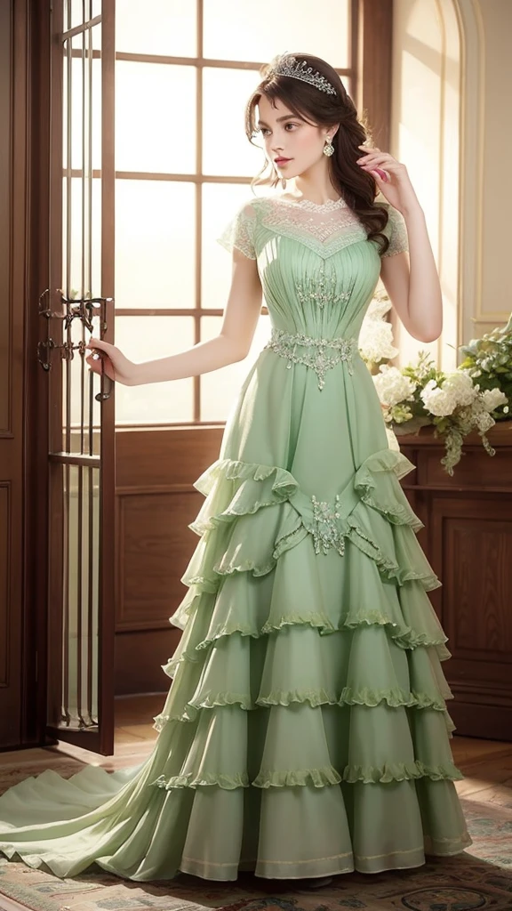 ((high quality work)), The writing is clear and concise, The green dress and the beautiful pleated lace complement each other., Enriching the layered feel of the entire picture, The elegant Edwardian lace dress and princess skirt add a lot of charm to the character., Gesture of turning the back of the hand , It also expresses the gentle and elegant side of women..