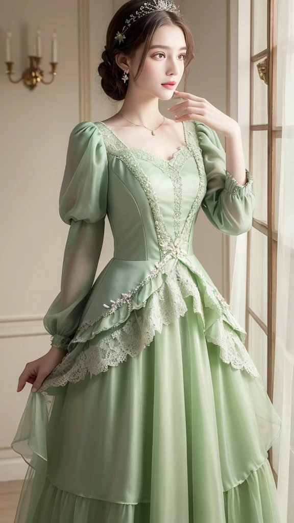 ((high quality work)), The writing is clear and concise, The green dress and the beautiful pleated lace complement each other., Enriching the layered feel of the entire picture, The elegant Edwardian lace dress and princess skirt add a lot of charm to the character., Gesture of turning the back of the hand , It also expresses the gentle and elegant side of women..